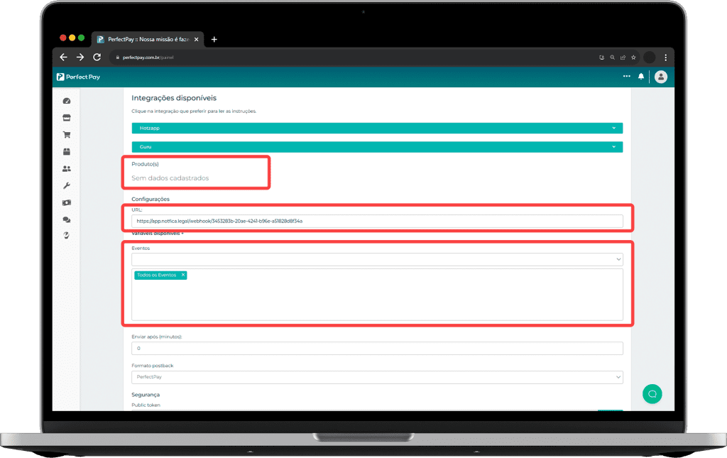 Plataforma PerfectPay - Configurar Webhooks Passo 02