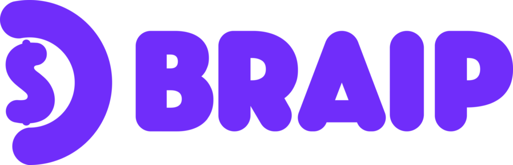 Logotipo da Braip, em cor roxa (Purple), com um símbolo de cifrão "$'