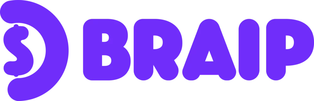 Logotipo da Braip, em cor roxa (Purple), com um símbolo de cifrão "$'